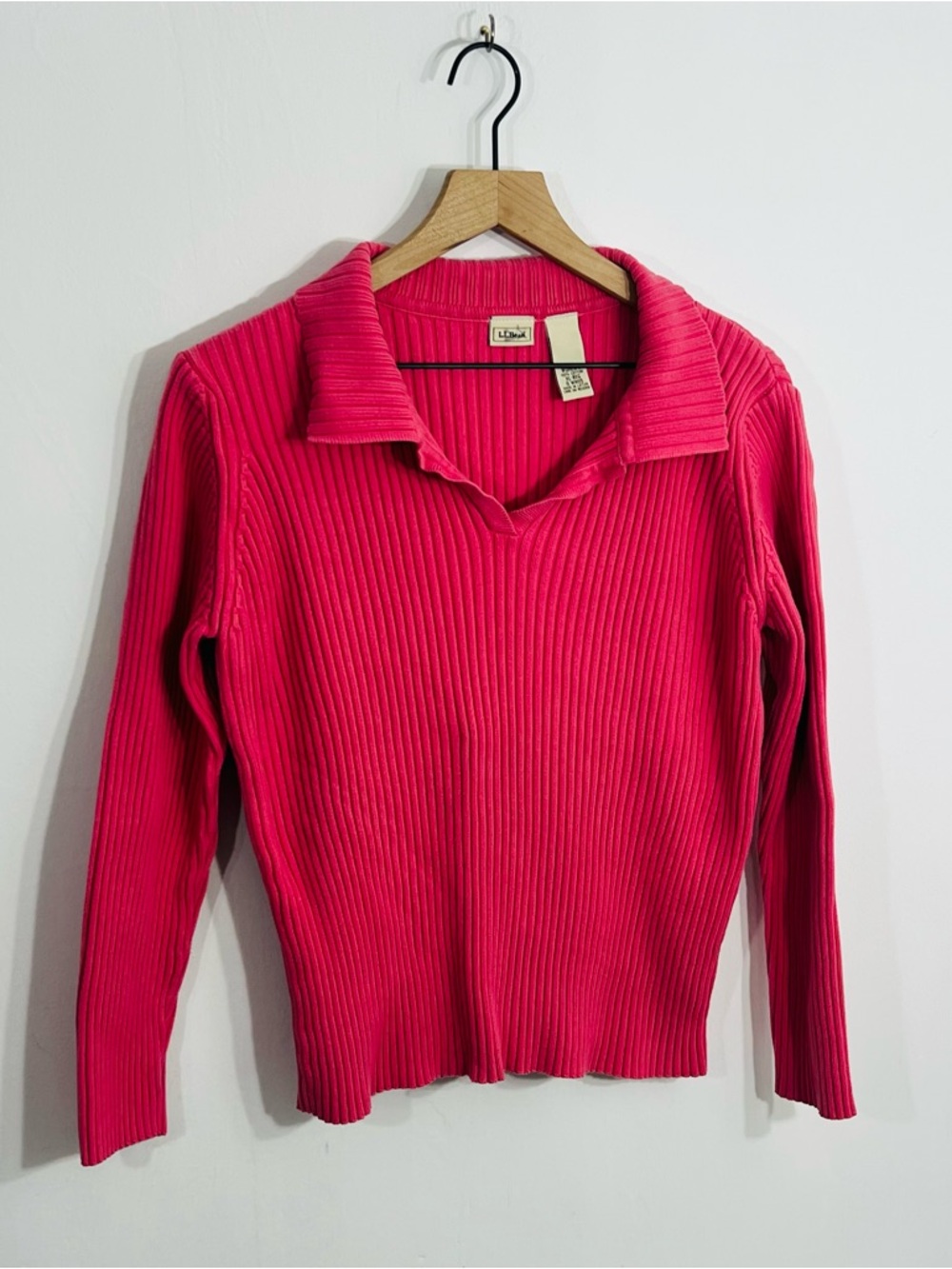 L.L. Bean Ribbed Pullover Knit Henley Sweater V Neck 100% Cotton Beautiful Pink